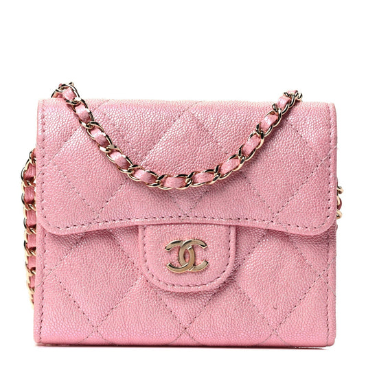 Iridescent Caviar Quilted Flap Card Holder On Chain Pink