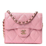 Iridescent Caviar Quilted Flap Card Holder On Chain Pink