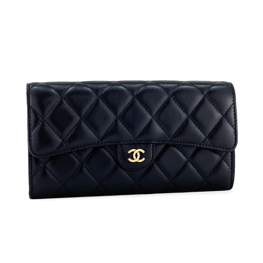 Chanel Long Wallet Classic Flap Matrasse Heremark Lambskin Black Gold Hardware