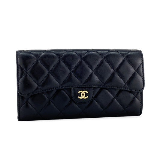 Chanel Long Wallet Classic Flap Matrasse Heremark Lambskin Black Gold Hardware