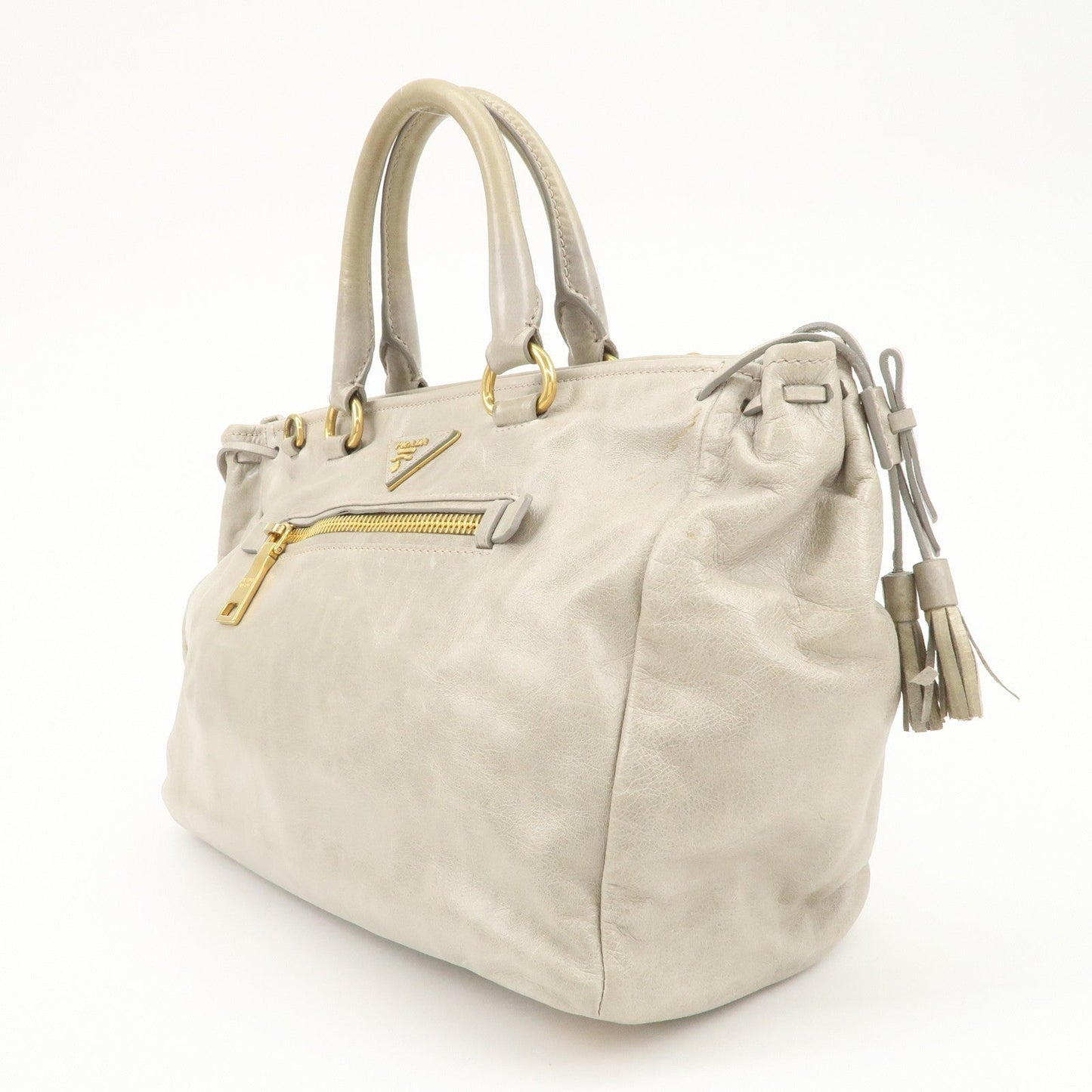 PRADA Triangle Logo VITELLOSHINE Leather 2Way Bag Hand Bag Gray BN1921  d