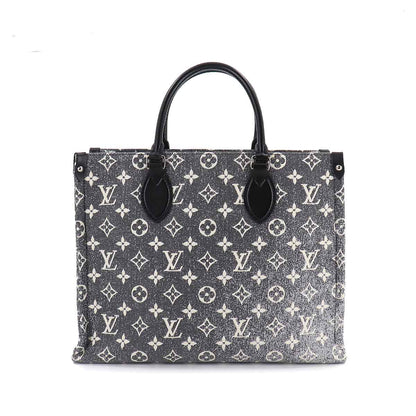 Louis Vuitton Monogram Jacquard Denim On The Go MM 2 Way Tote Shoulder Bag Gray White Black