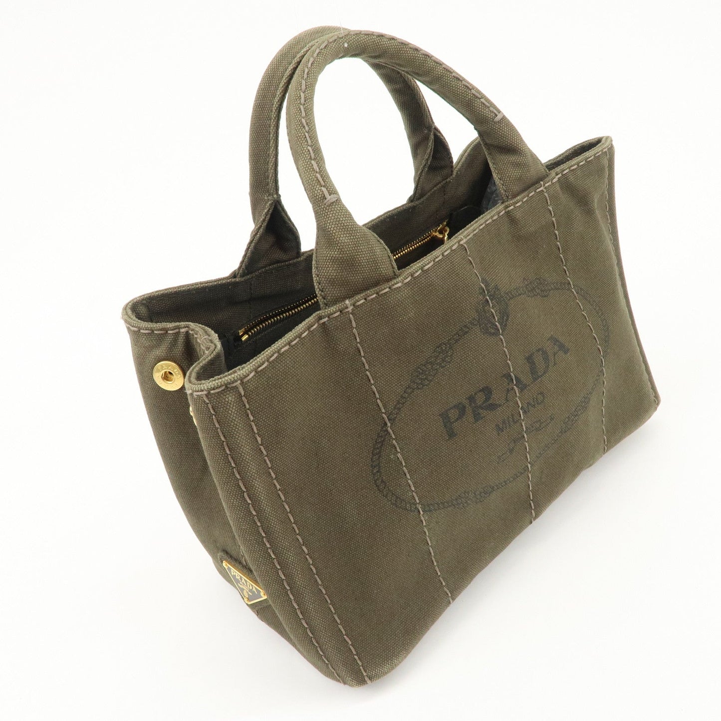PRADA Canapa Mini Canvas Bag Hand Bag Tote Bag Khaki BN2439  d
