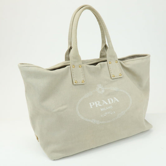 PRADA Triangle Logo Denim Tote Bag Shoulder Bag Light Beige BN2091