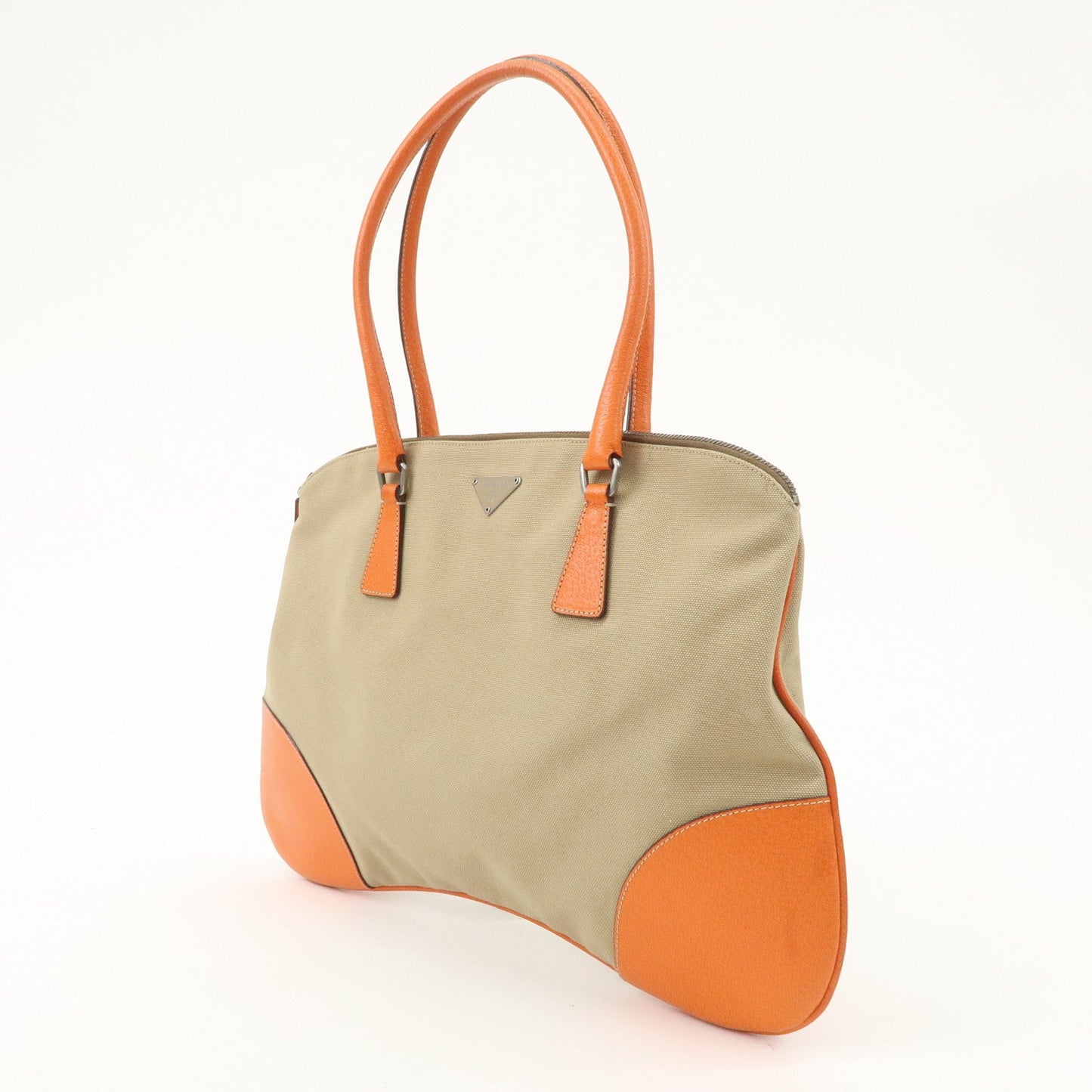 PRADA Triangle Logo Canvas Leather Shoulder Bag Orange Beige  d