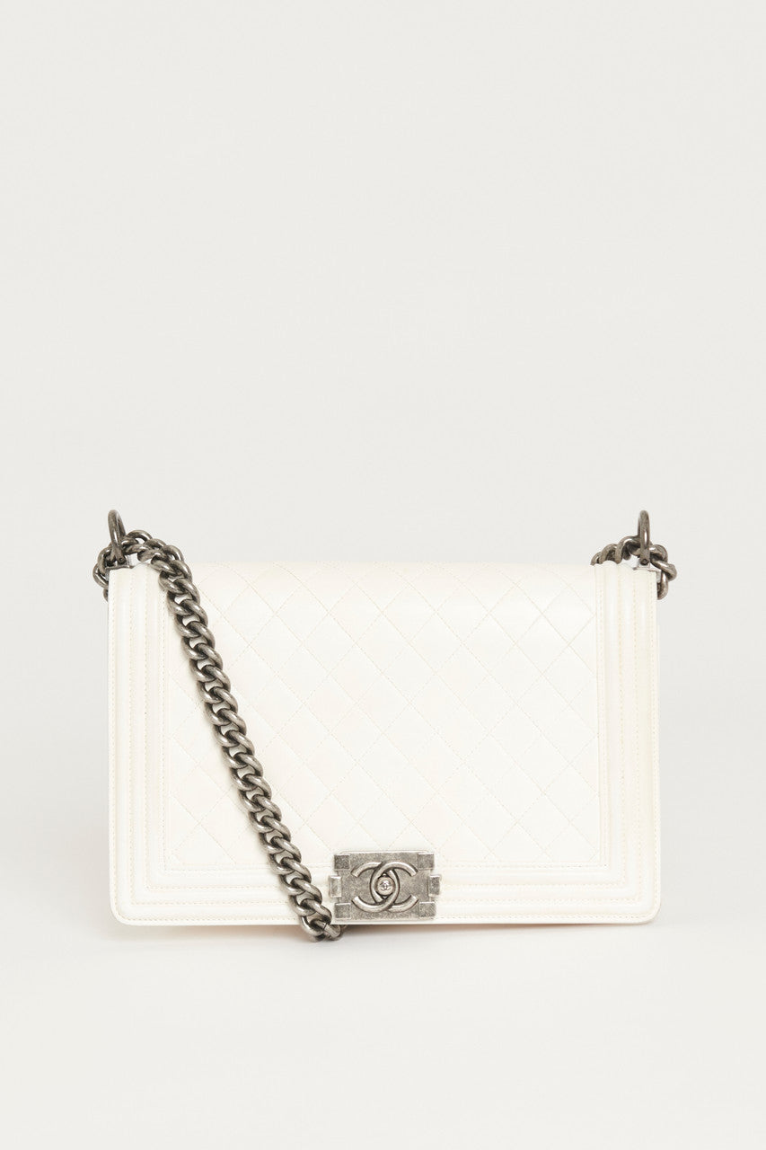 Chanel White Large  Boy Bag With Ruthenium Hardware
