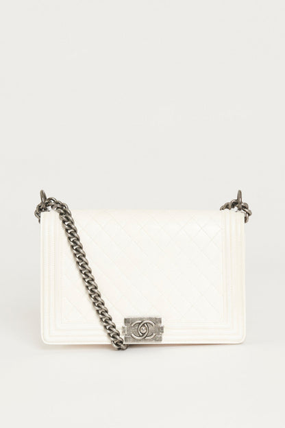 Chanel White Large  Boy Bag With Ruthenium Hardware
