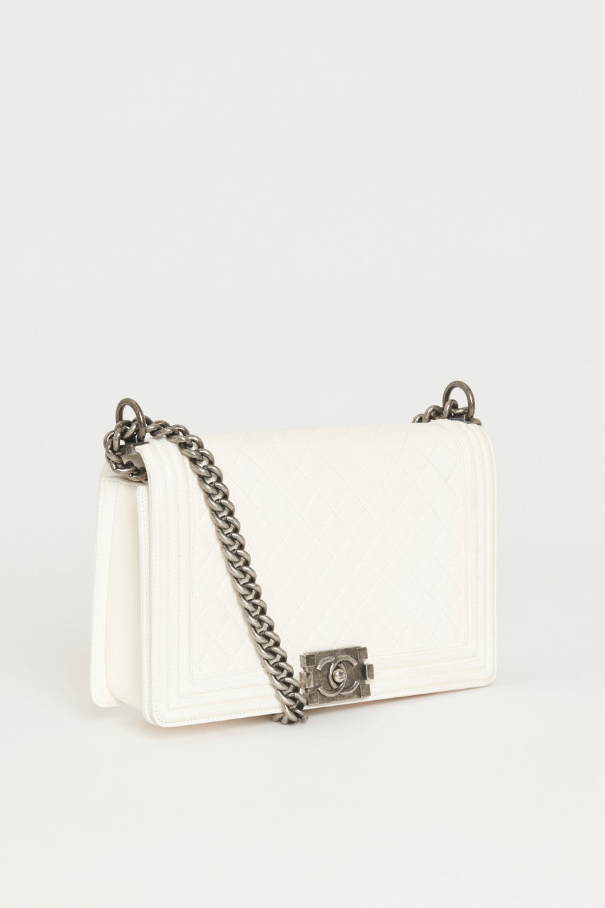 Chanel White Large  Boy Bag With Ruthenium Hardware