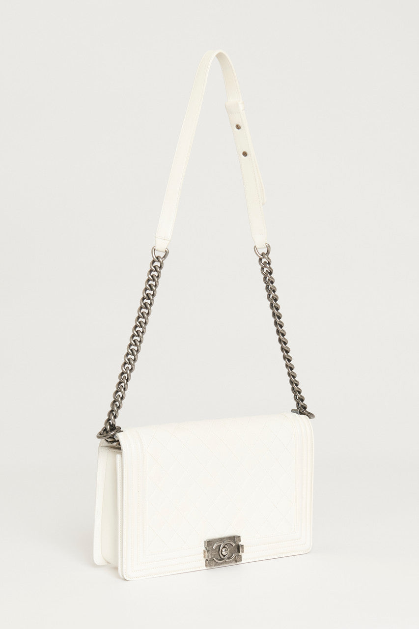Chanel White Large  Boy Bag With Ruthenium Hardware