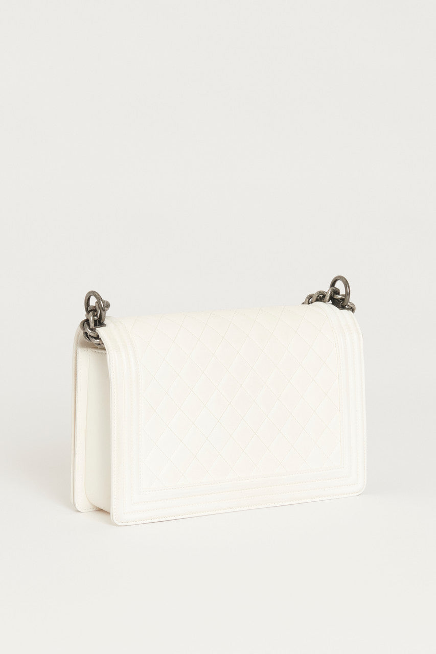 Chanel White Large  Boy Bag With Ruthenium Hardware