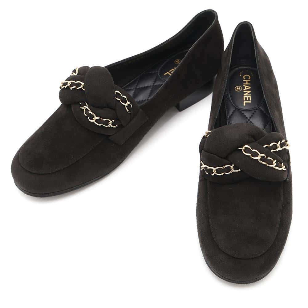 CHANEL CC Logo Chain Loafers BlackG32955 suede Size 37