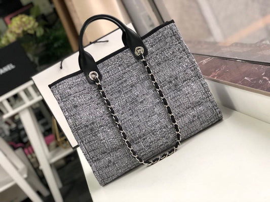 CHL -  Deauville Tote Raffia Canvas Bag Black/White For Women 14.9in/38cm