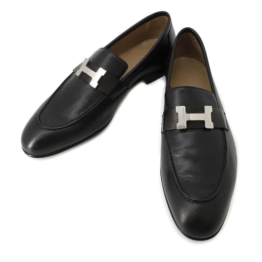 HERMES Mocassins Paris loafers Black Leather Size 42