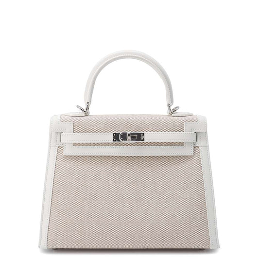 HERMES Kelly Sellier Ecru/New White Toile H Swift Leather Size 25
