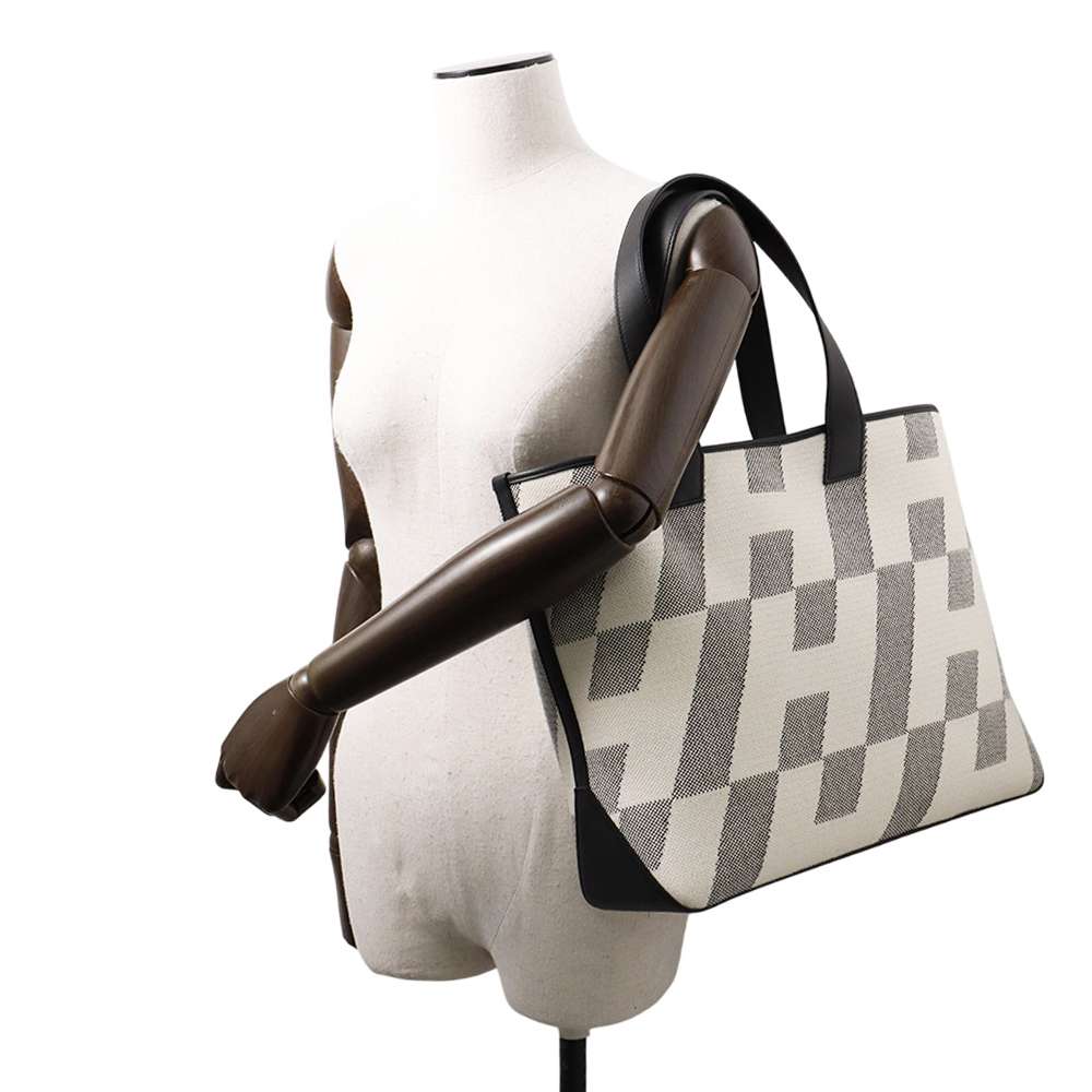 HERMES H Ambie Tote Bag Black/Ecru Toile H Swift Leather Size GM