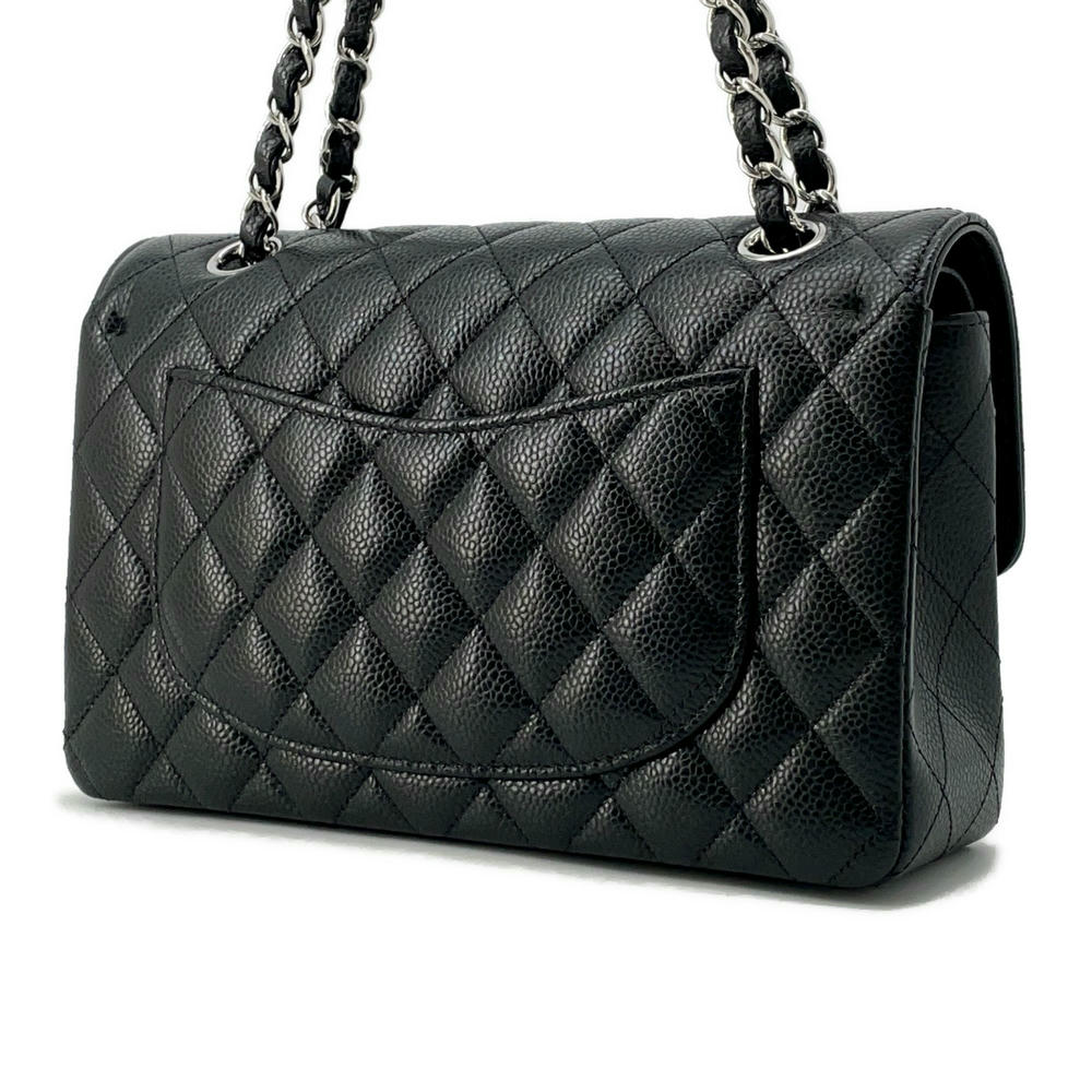CHANEL Matelasse W Flap ChainShoulder Bag Black Caviar Leather Size 23