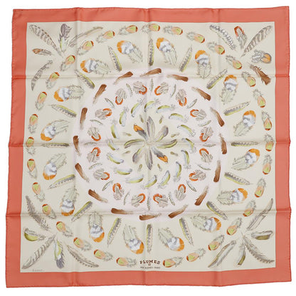 HERMES Carre Plumes II Size 90 Coral/Beige/Rose Silk100%