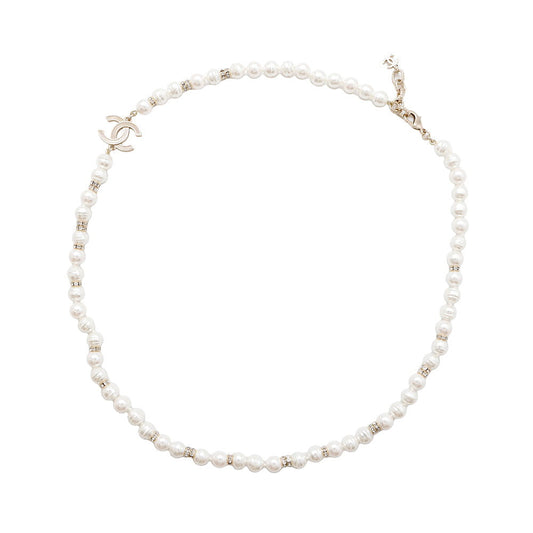 CHANEL CC Logo Faux Pearl Necklace Gold/White Gold Plated
