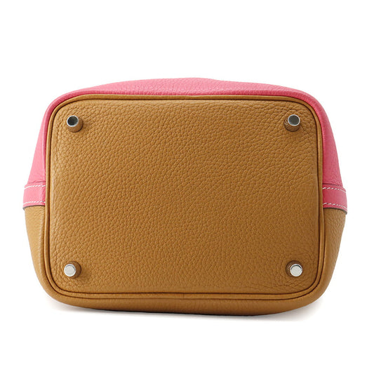 HERMES Picotin Lock Casaque Sesame / Rose Azalee Taurillon Clemence Size PM