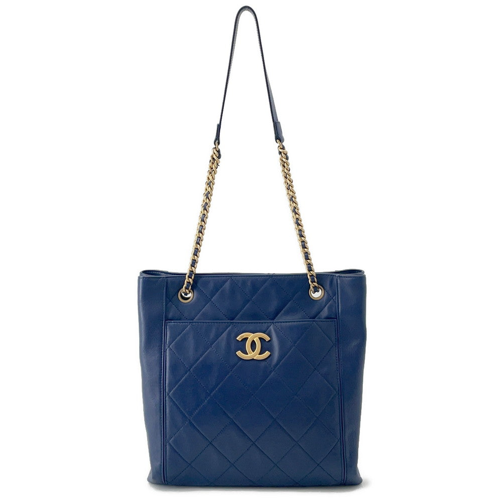 CHANEL Chain Tote Shopping Bag NavyAS2295 Calf Leather Size Small
