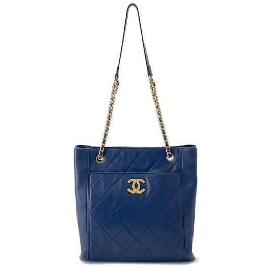 CHANEL Chain Tote Shopping Bag NavyAS2295 Calf Leather Size Small