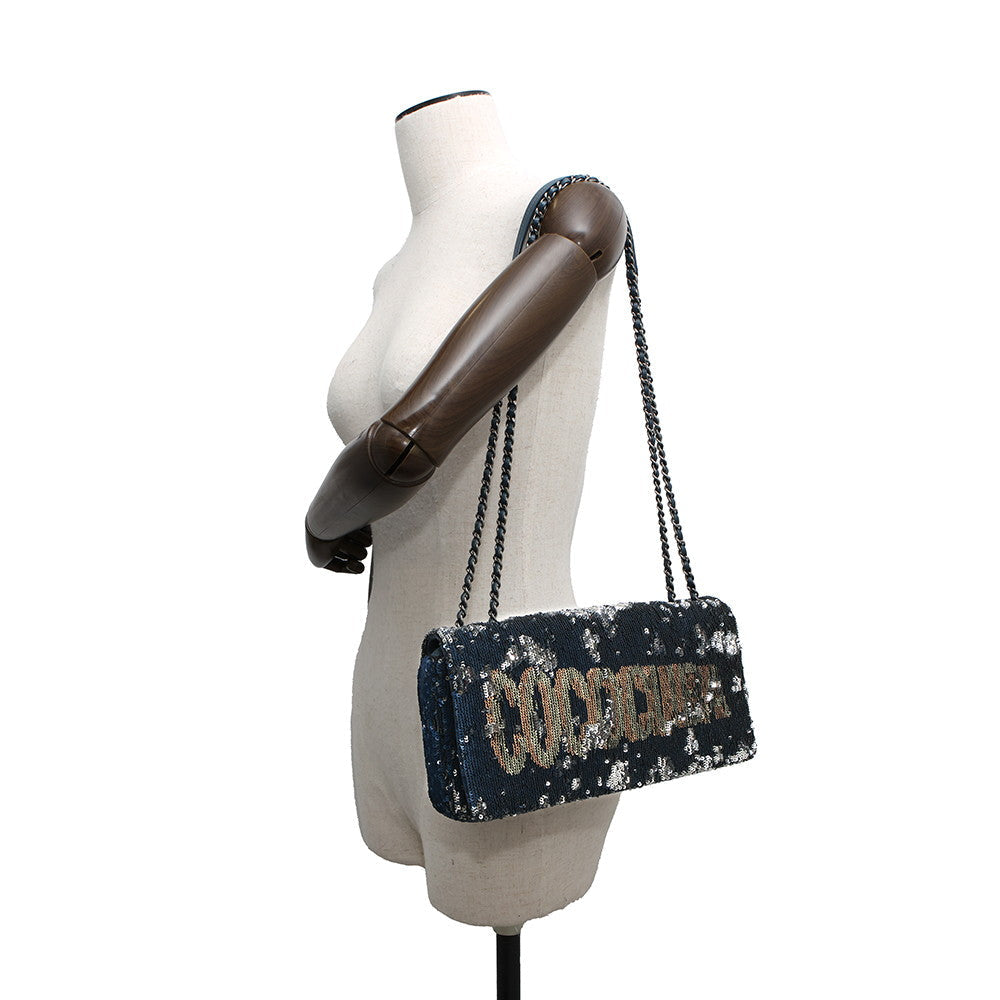 CHANEL Coco Cuba ChainShoulder Bag Navy/Silver Sequins Leather