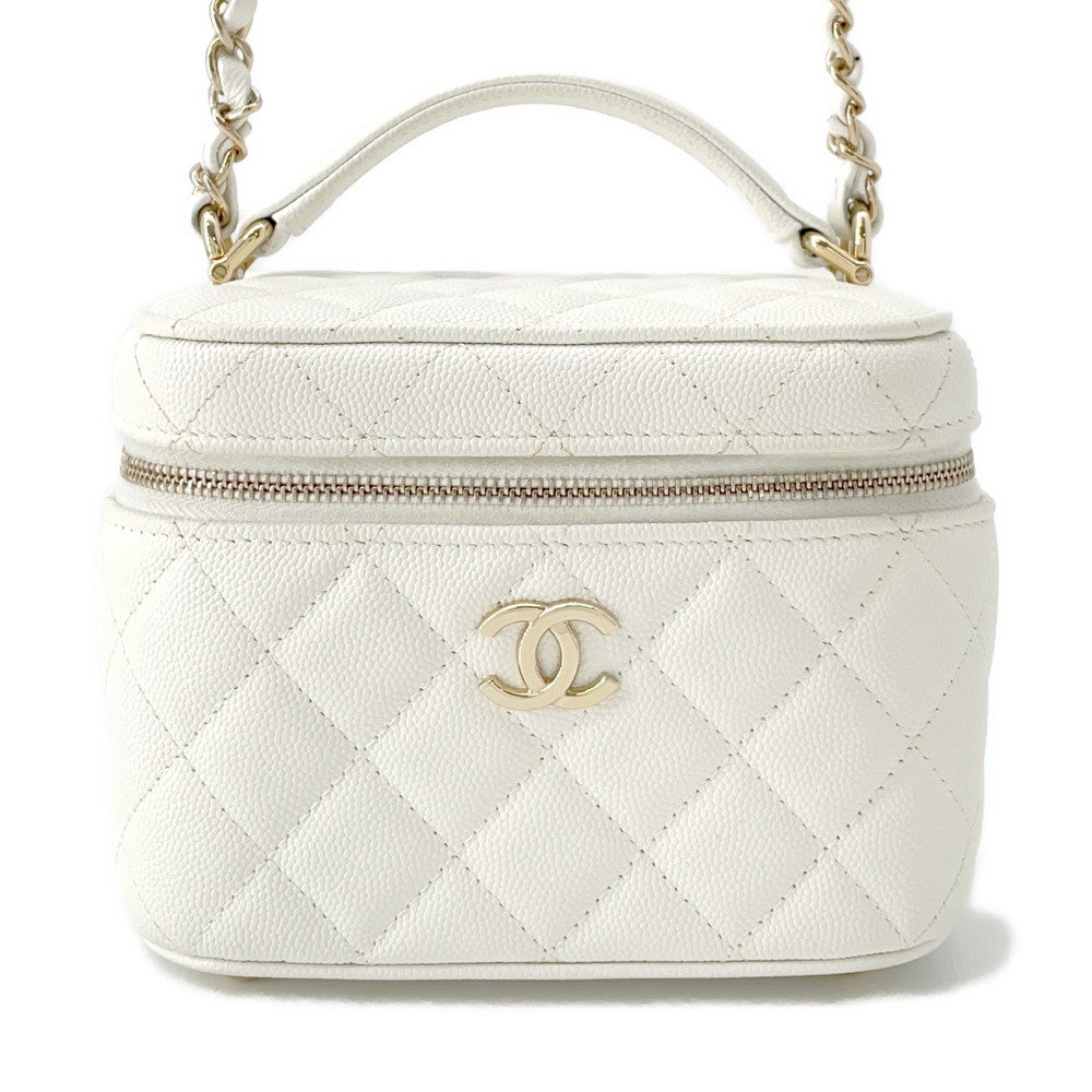 CHANEL Matelasse Top Handle Chain Vanity Bag WhiteAS3171 Caviar Leather Size Small