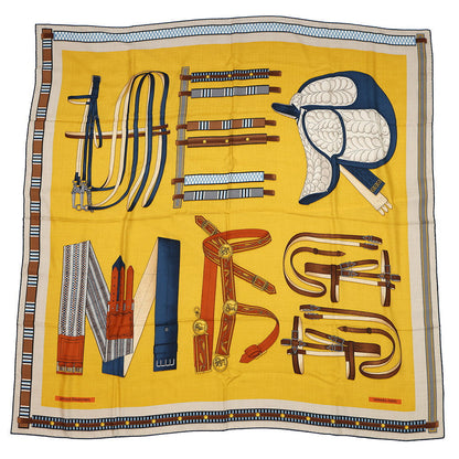 HERMES Carre LETTRES EQUESTRES Size 140 Miel/Blue/Brown Cashmere70% Silk30%