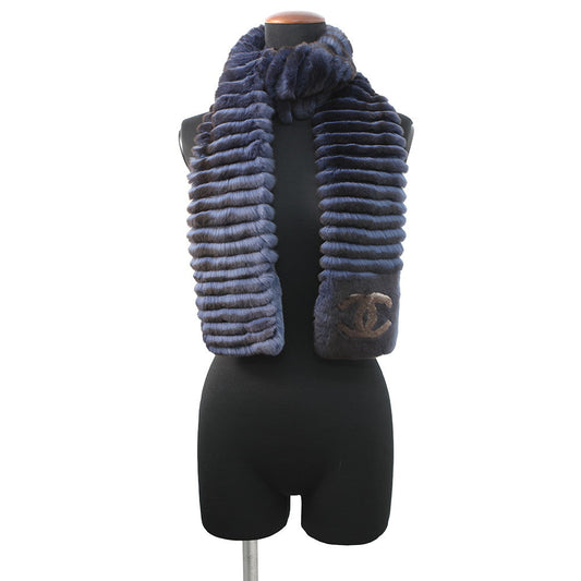 CHANEL Orirag Scarf Navy/Brown Orirag 70% Cashmere30%