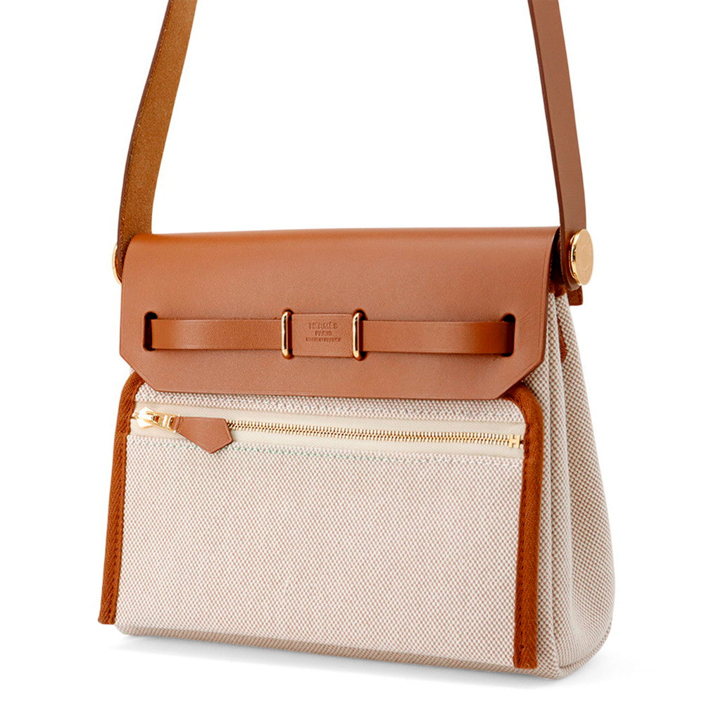 HERMES Herbag zip Fauve Toile Military Vache Hunter Leather Size Mini
