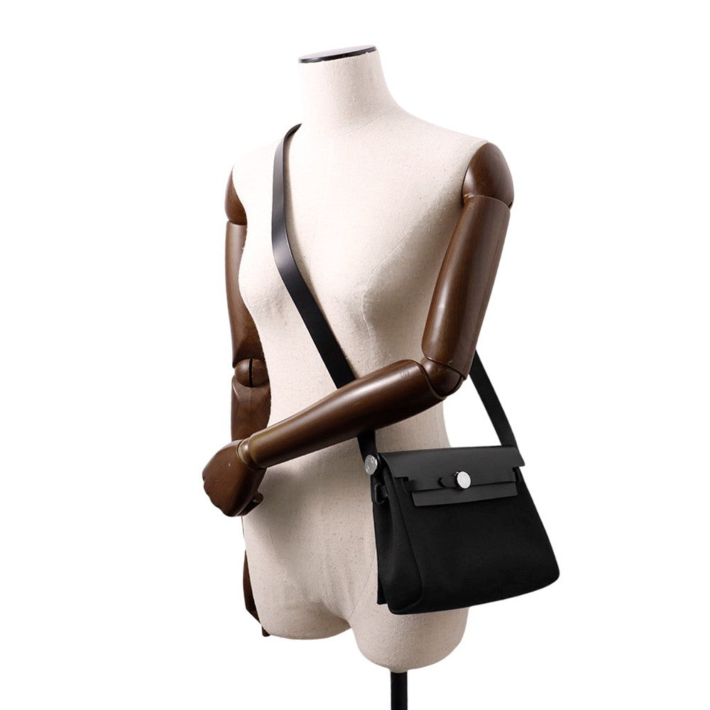 HERMES Herbag zip Black Toile H Viking Vache Hunter Leather Size Mini/20