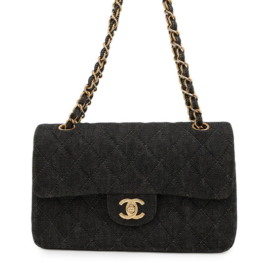 CHANEL Matelasse W flap WChainShoulder Bag BlackA01113 Denim Size 23