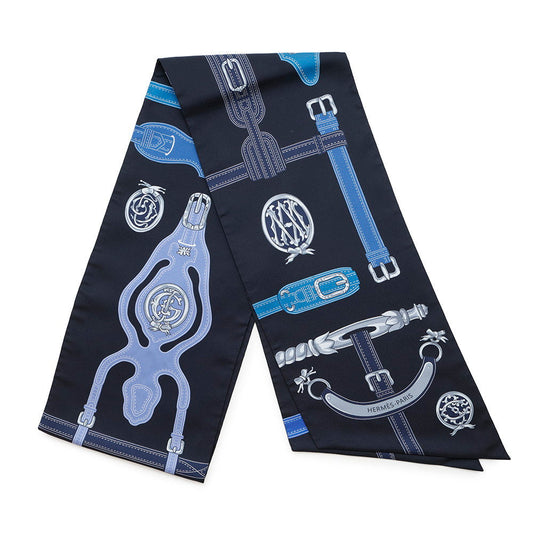 HERMES Maxi Twilly Belt Black/Blue Silk100%
