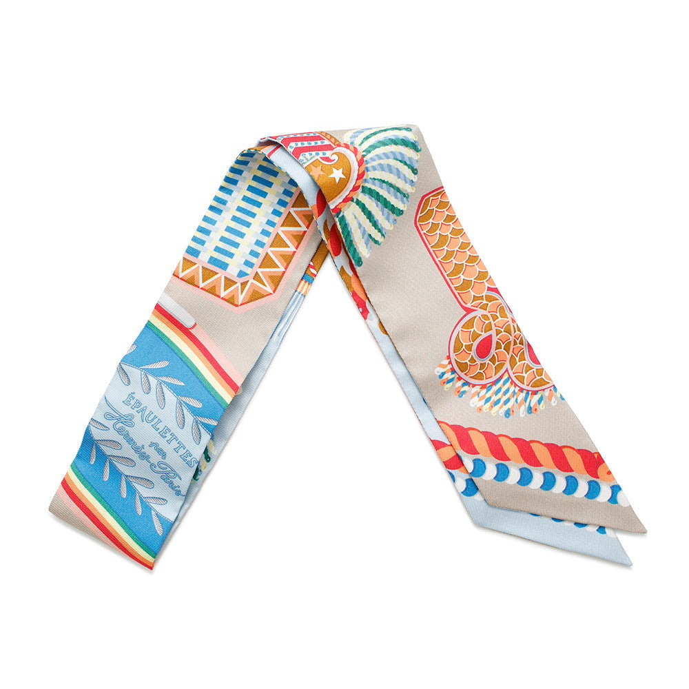 HERMES Twilly Scarf Epaulettes de Gala Blue Ciel/Rouge/JauneH063983S Silk 100%
