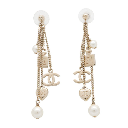 CHANEL CC Logo Perfume Bottle Heart Pearl Earrings Gold Metal Faux Pearl