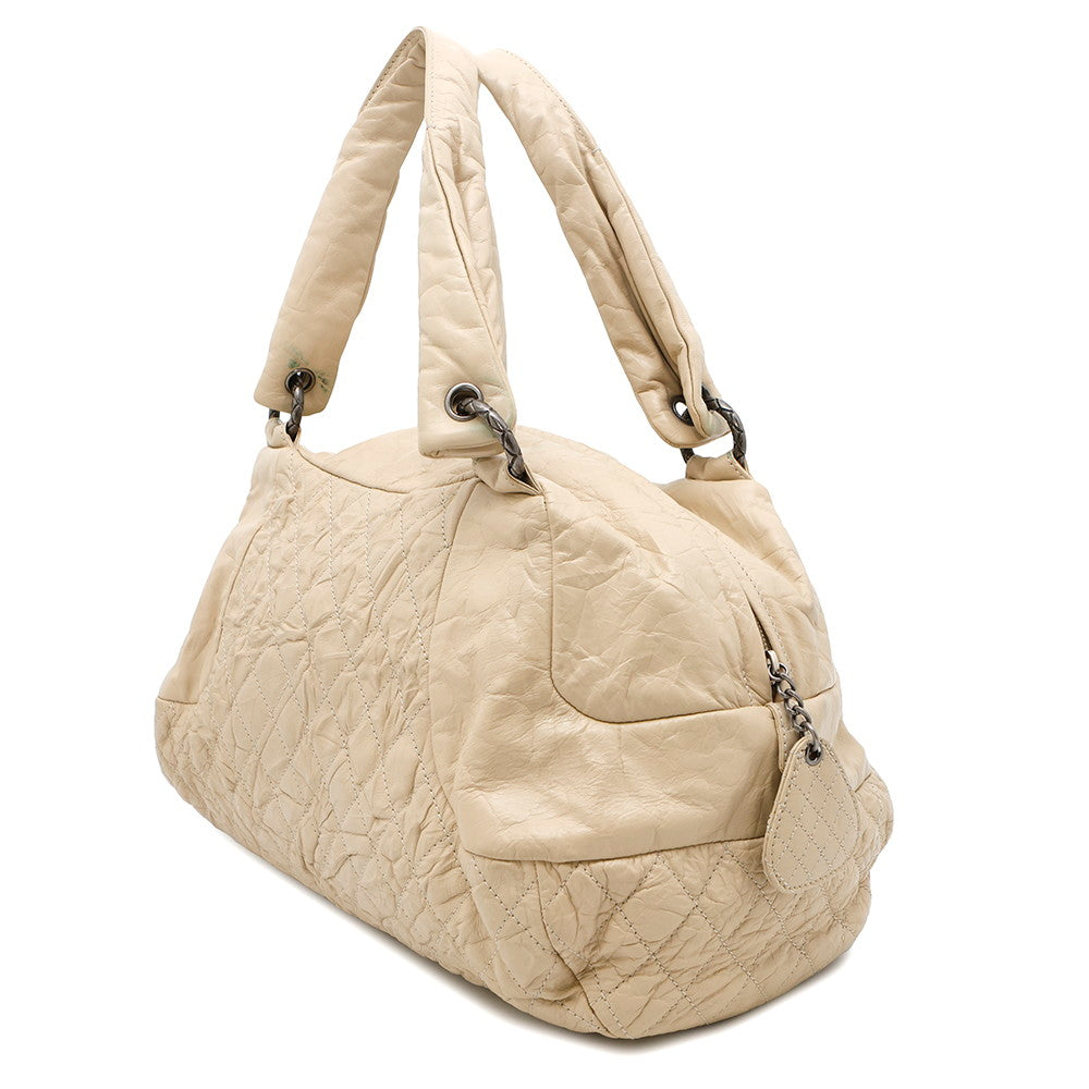 CHANEL CC Logo Travel Bag Beige Leather