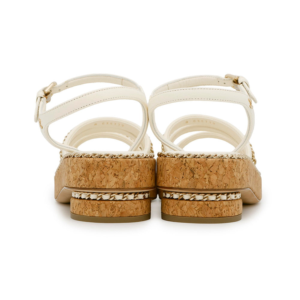 CHANEL CC Logo ChainStrap Sandals WhiteG35779 Leather cork Size 38C