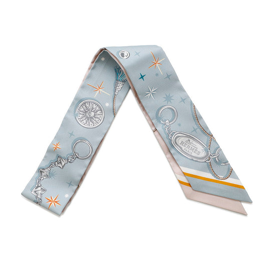 HERMES Twilly C'est la Fête Blue Gacier/Rose Poudre/Gray Silk100%