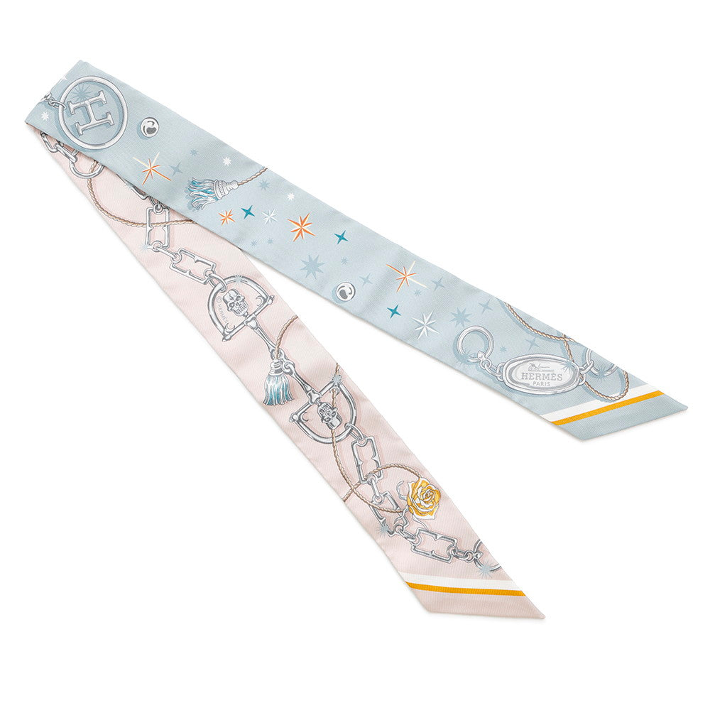 HERMES Twilly C'est la Fête Blue Gacier/Rose Poudre/Gray Silk100%