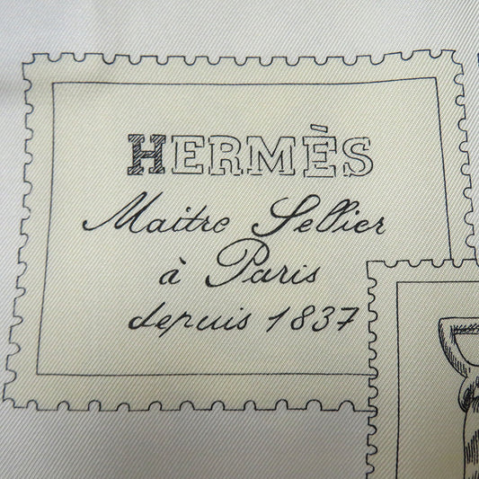 HERMES Carre Fauve le Stamp Enthusiast Size 90 Gray/Parchement/White Silk100%