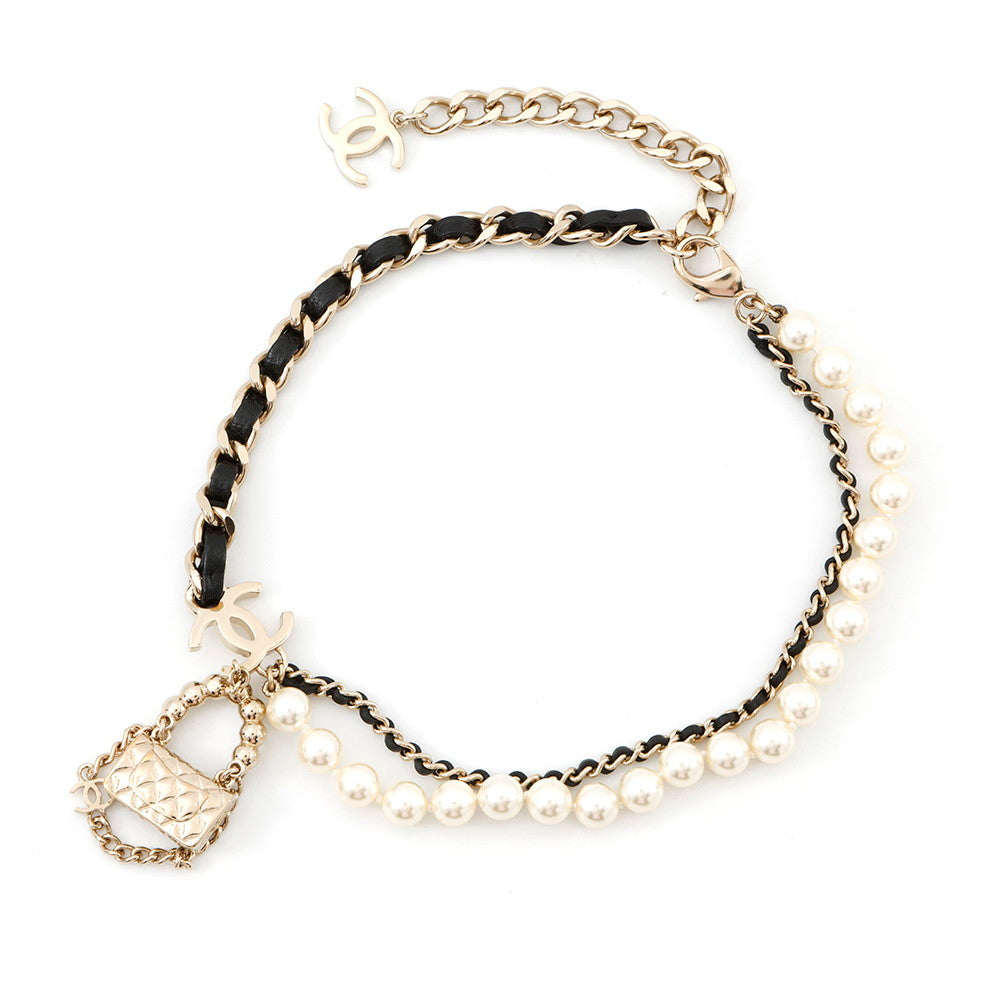 CHANEL Matelasse bag motif necklaceAB6125 Metal Leather Faux Pearl