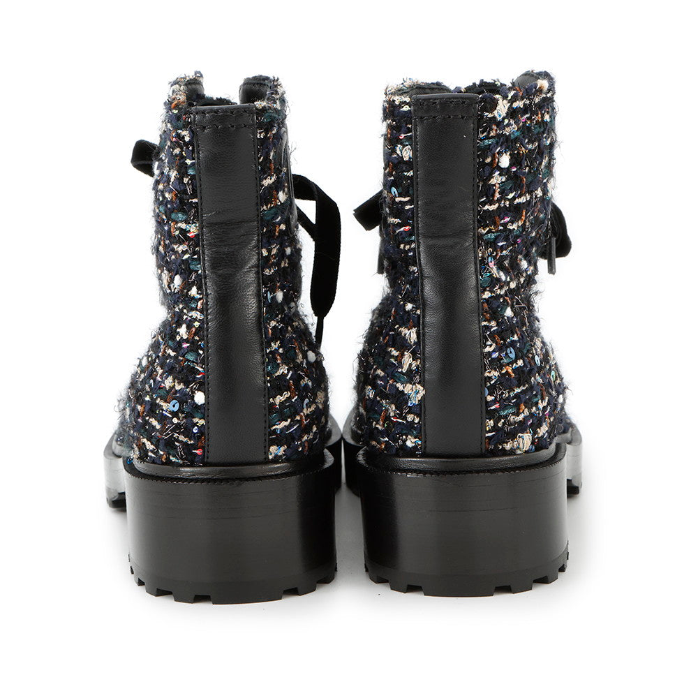 CHANEL CC Logo lace-up short boots Black/MulticolorG35154 Tweed Leather Faux Pearl Size 38H