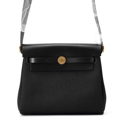HERMES Herbag zip Black Toile Military Vache Hunter Leather Size Mini