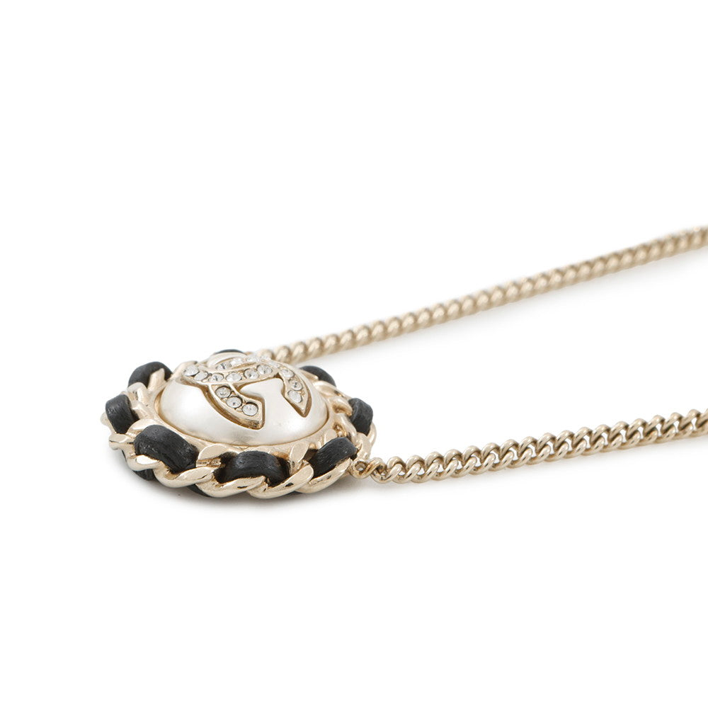 CHANEL CC Logo Necklace Metal Leather Rhinestone Faux Pearl