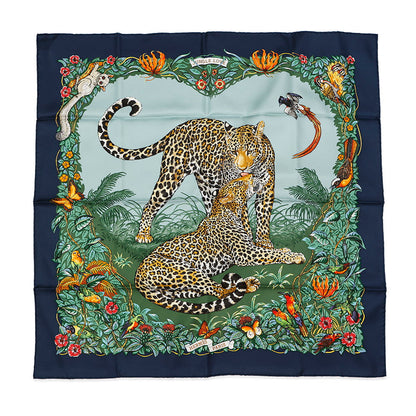 HERMES Carre Jungle Love Size 90 Marine/Vert/Orange Silk100%