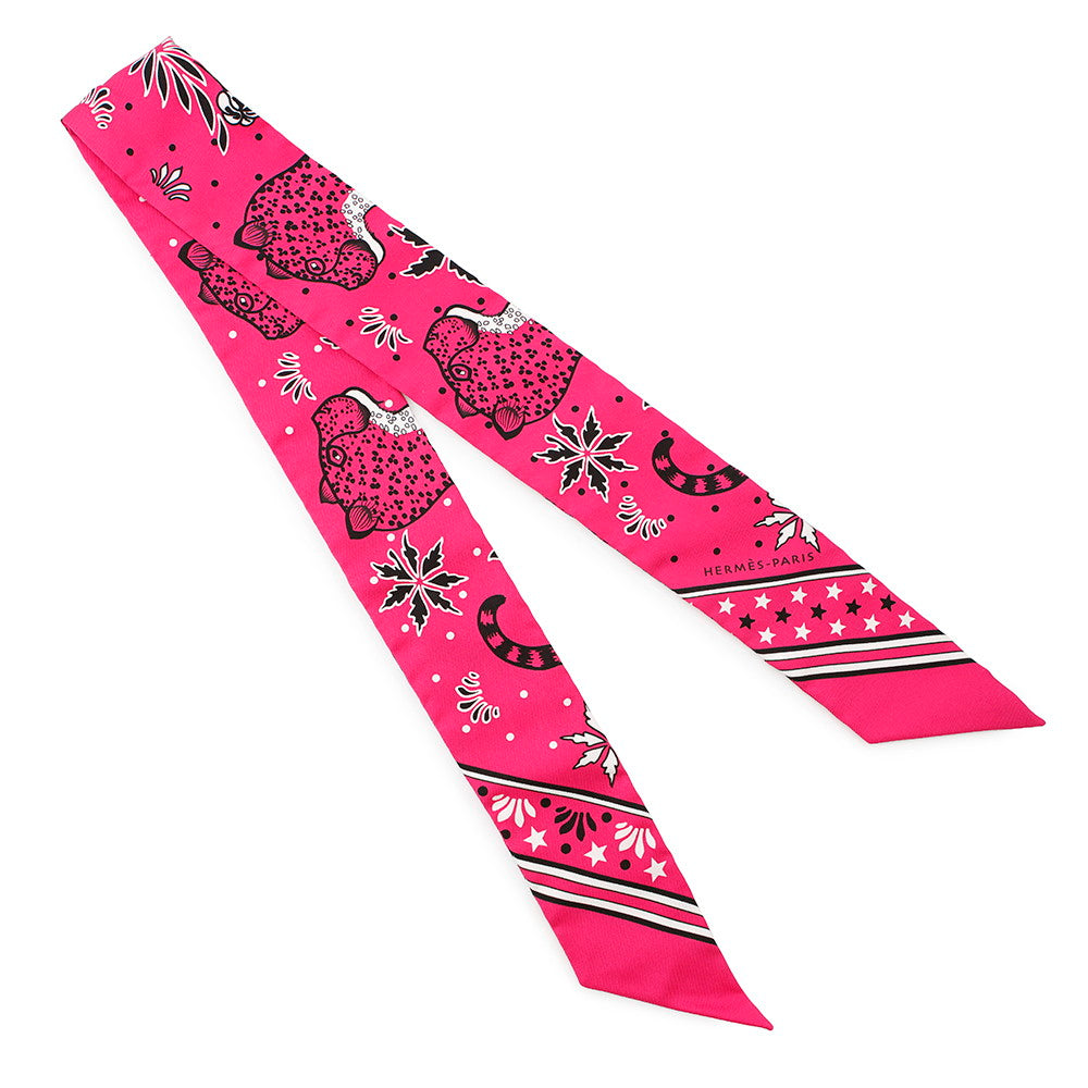 HERMES Twilly Les Leopards Bandana Bandana Leopard Pink/White/Black Silk100%