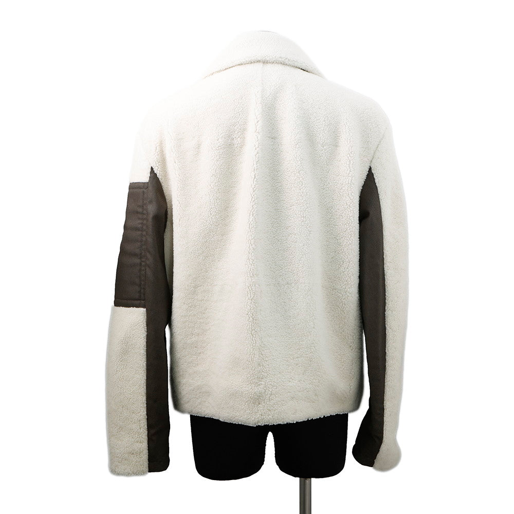 HERMES Mouton Boa Zip-Up Jacket Size 46 Ivory/Khaki Polyamide Cotton
