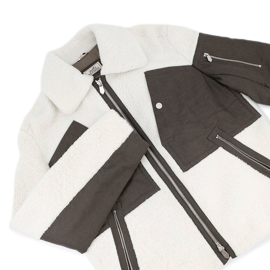 HERMES Mouton Boa Zip-Up Jacket Size 46 Ivory/Khaki Polyamide Cotton