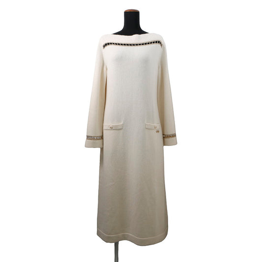 CHANEL CC Logo Chain Boat Neck Knit Dress Size 36 IvoryP62956 Cashmere100%