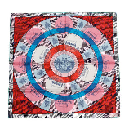 HERMES Scarf Carre Jeu des omnibus et damesBlanches Omnibus White Lady Game Size 90 Pink/Blue/Red Silk 100%